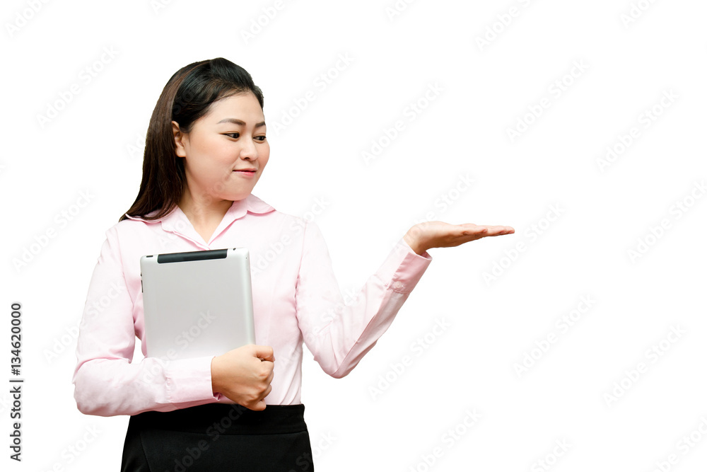Businesswoman use of the tablet pc and open hand palm and looking to her hand Businesswoman use of the tablet pc and open hand palm and looking to her hand