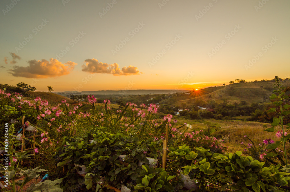 Naklejka premium sunset behind mountain
