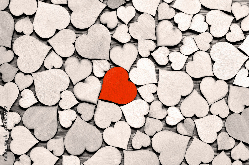 Red wood heart on hearts background, valentine day concept. Stock-Foto