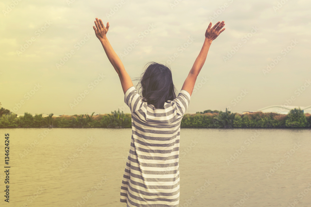 beautiful asian woman standing and relax near lake, beautiful asian woman standing and relax near lake,