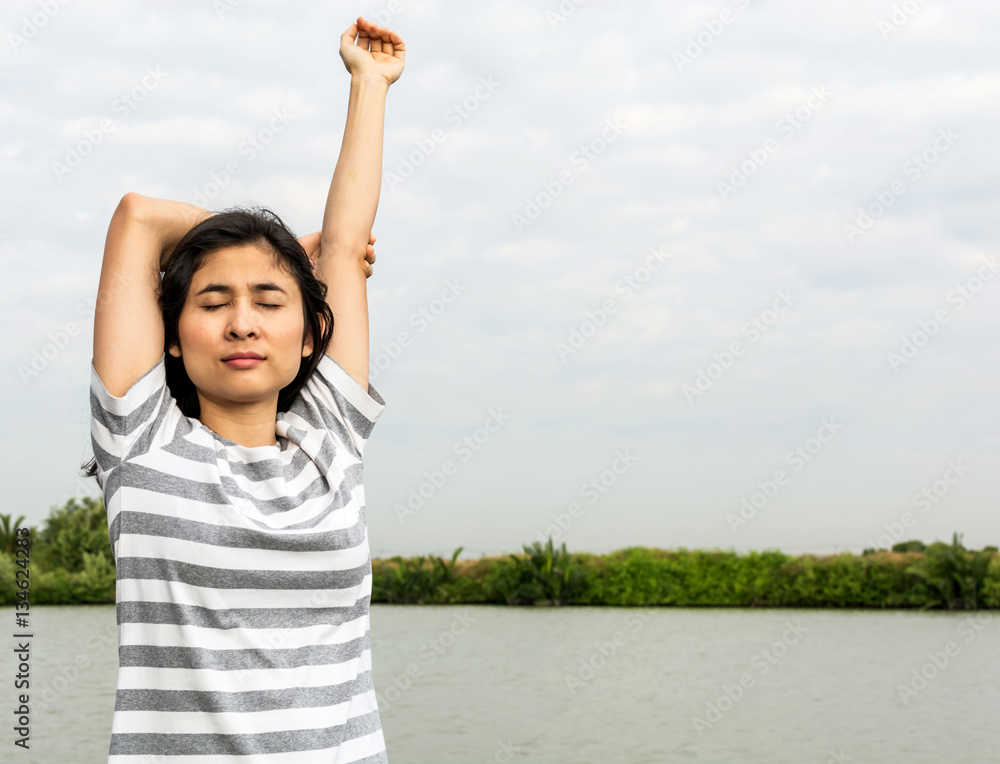 beautiful asian woman standing and relax near lake, beautiful asian woman standing and relax near lake,