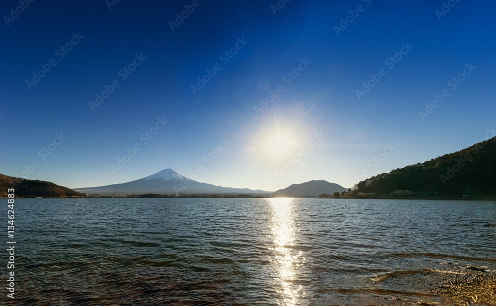 panorama view of mountain fuji and lake with sun light day - can use to display or montage on product