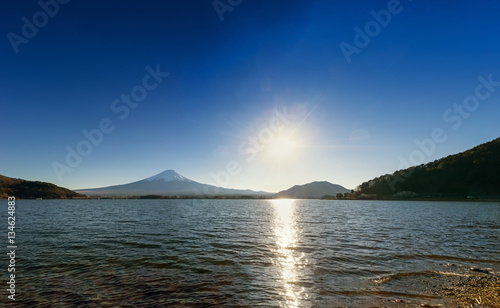 panorama view of mountain fuji and lake with sun light day - can use to display or montage on product