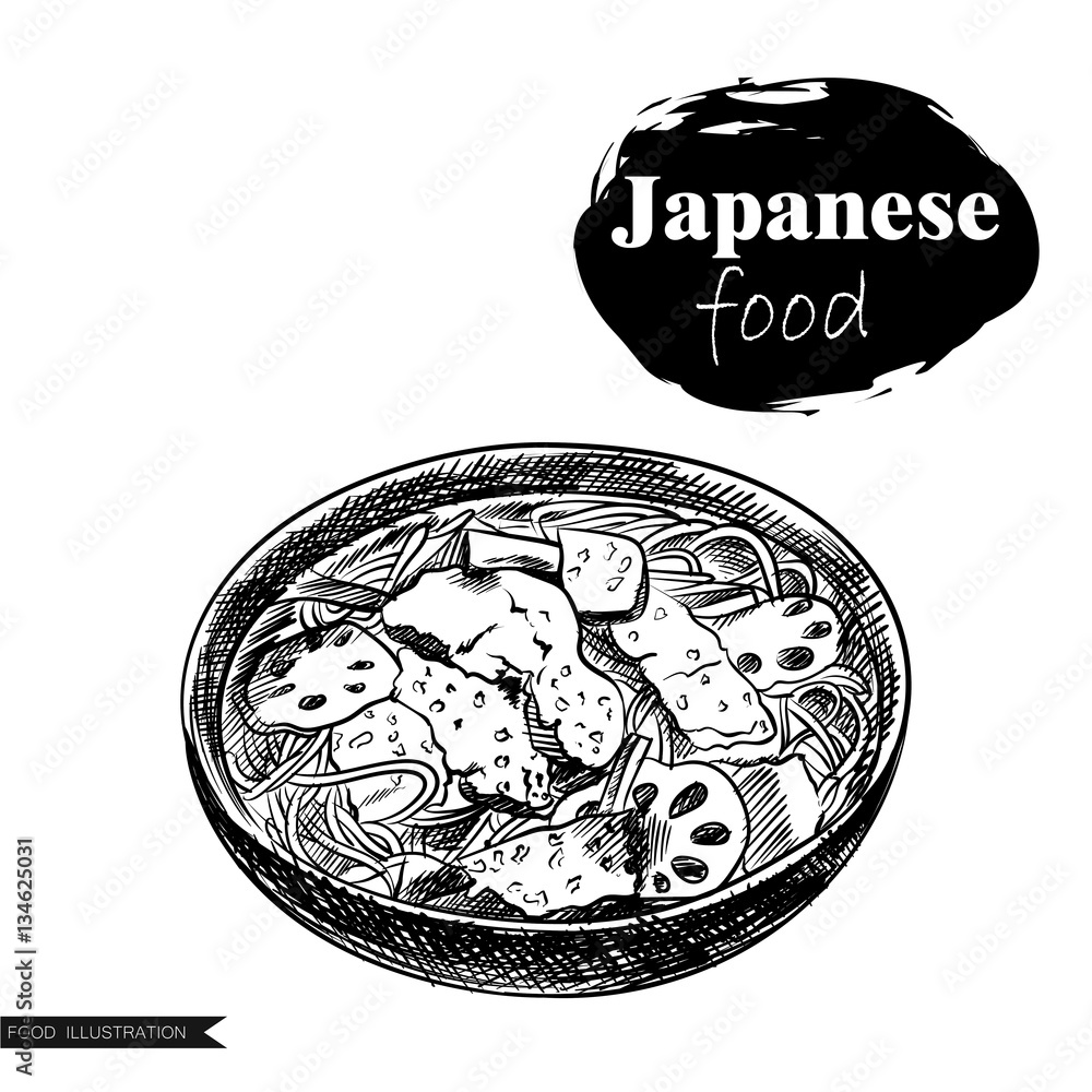 Hand drawn japanese soup isolated on white background. Japanese food