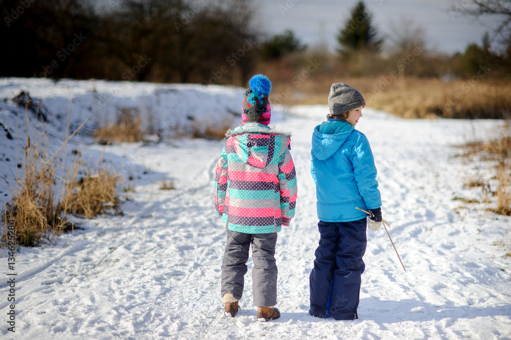 Two children of younger school age, boy and girl, admire a winter landscape. Two children of younger school age, boy and girl, admire a winter landscape.