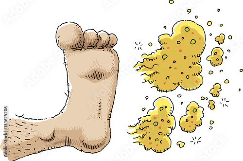 Cartoon clouds of smelly gas blow off a person's foot.