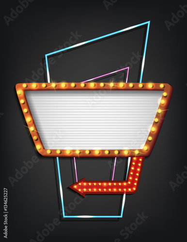 Signboard retro style with lamps. Vintage banner with light bulbs