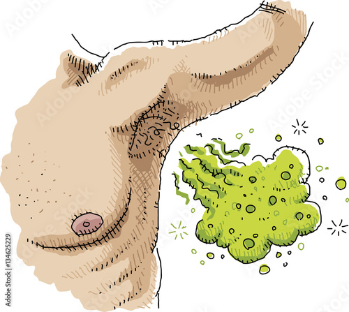 A green cloud of gassy smell comes out of a cartoon person's armpit. 