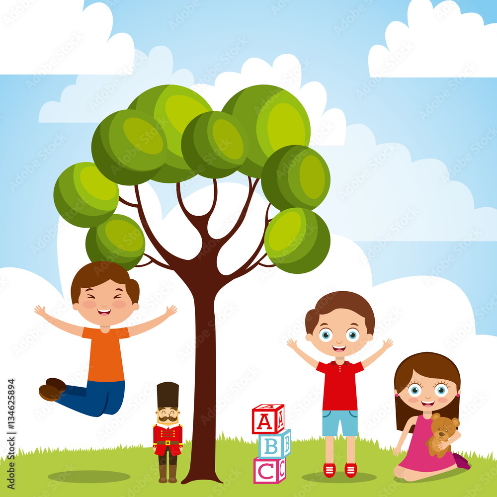 cute happy kids playing on the park. colorful design. vector illustration