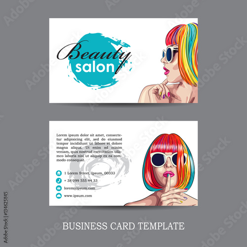 vector beauty salon card with woman wearing colorful wig