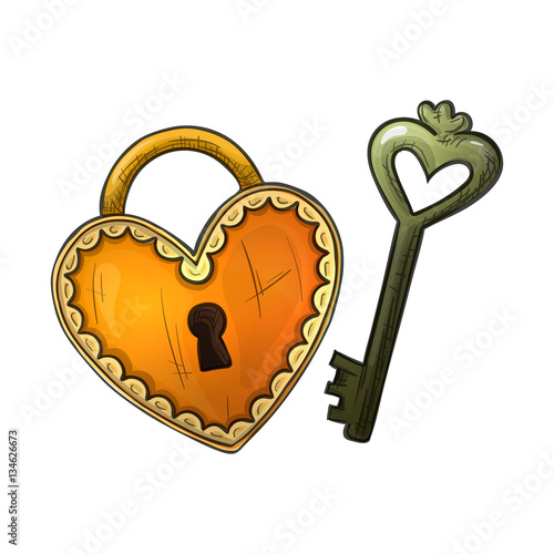 Colorful sketch style illustration of heart shape lock and key, symbol of love and Valentine's Day. Vector.
