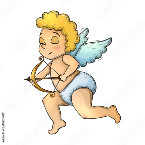 Colorful sketch style illustration of Cupid with bow and arrow on white background, symbol of love and Valentine's Day. Vector.