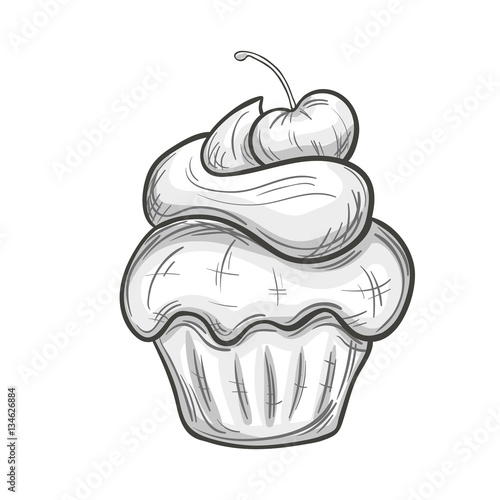 Monochrome sketch style illustration of cupcake with cream on white background. Vector.
