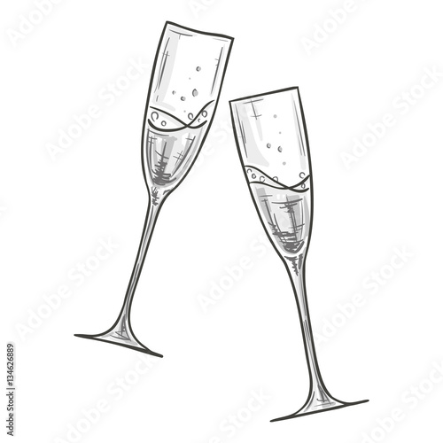 Monochrome sketch style illustration of two glasses of champagne on white background. Vector.