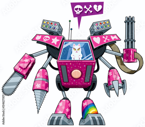 Robo-pussycat / White pussycat operating pink robot in full battle gear. 