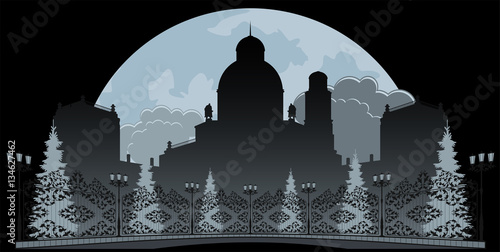 Palace by winter night. Silhouette with decorative elements.