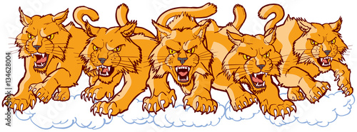 Group of Mean Wildcat Cartoon Mascots Charging Forward