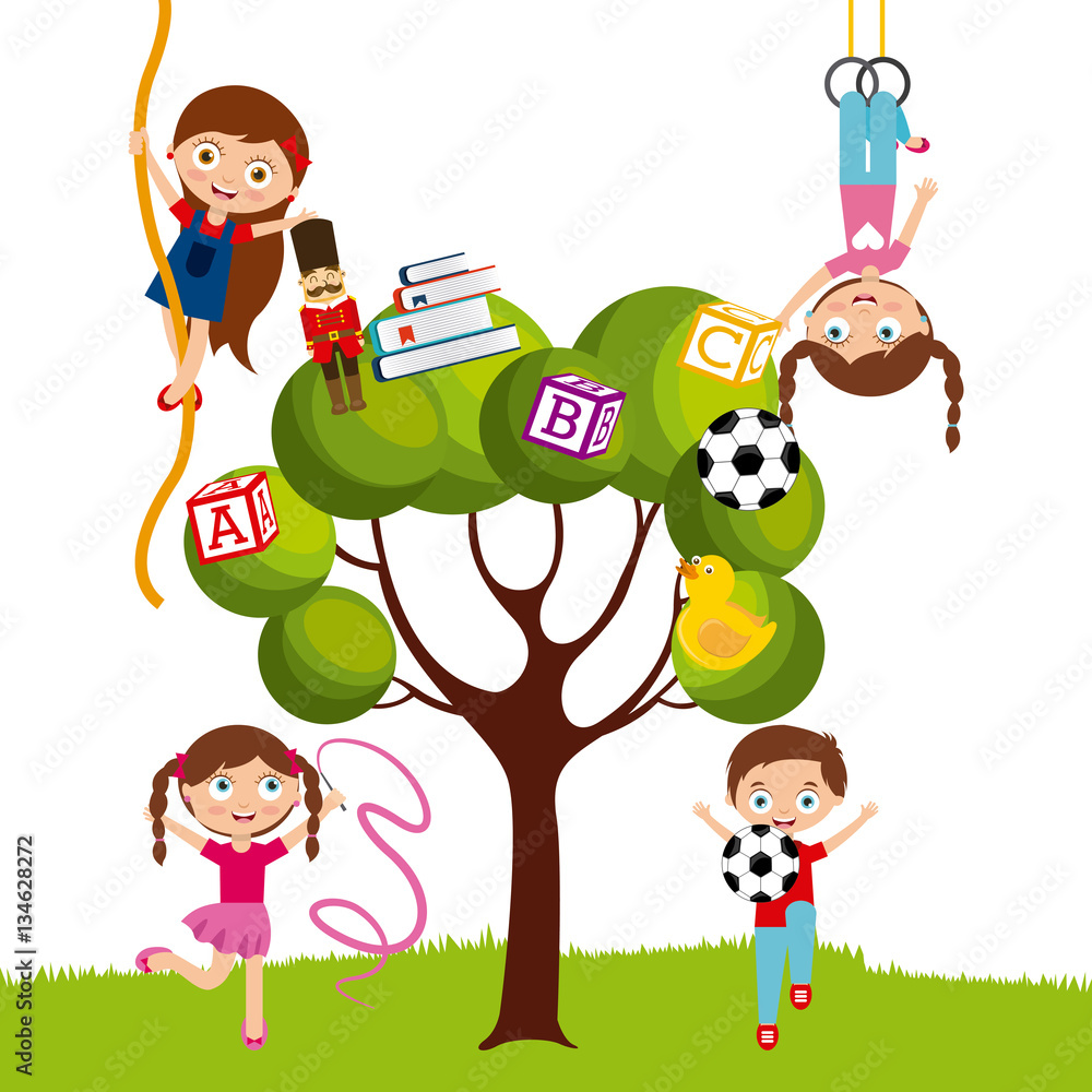 cute kids playing with the toys on the tree over white background. colorful design. vector illustration cute kids playing with the toys on the tree over white background. colorful design. vector illustration
