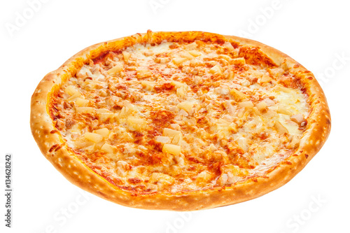 Delicious classic Hawaiian Pizza with chicken, pineapple, oregano and cheese