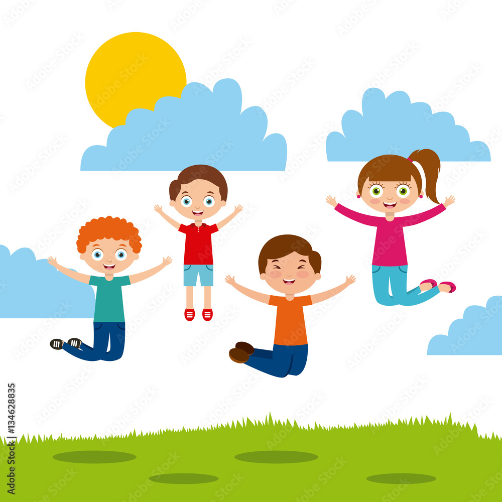 cute kids jumping over sunny day landscape. colorful design. vector illustration