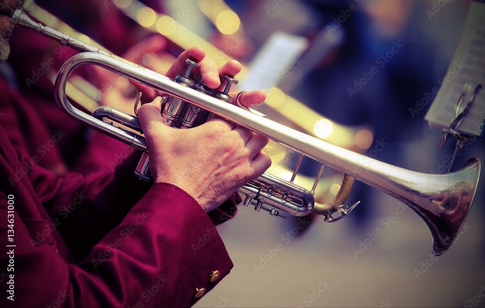 Obraz premium trumpeter plays his trumpet in the brass band