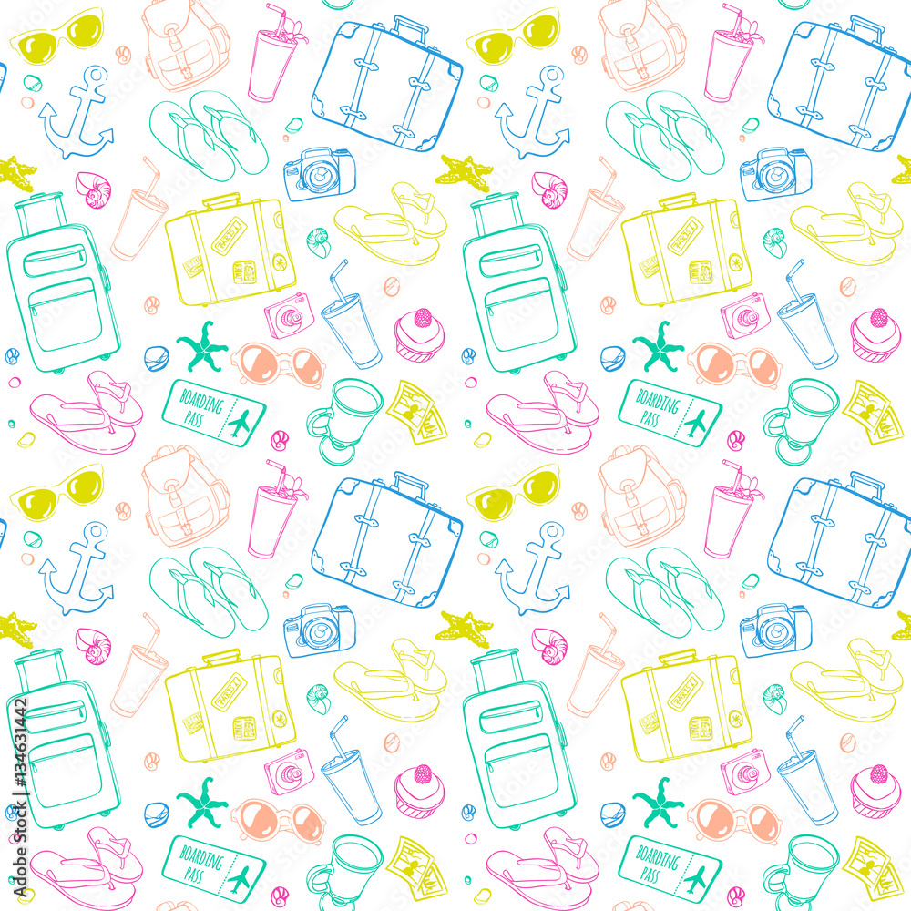 Seamless pattern with hand drawn journey items. Seamless pattern with hand drawn journey items.