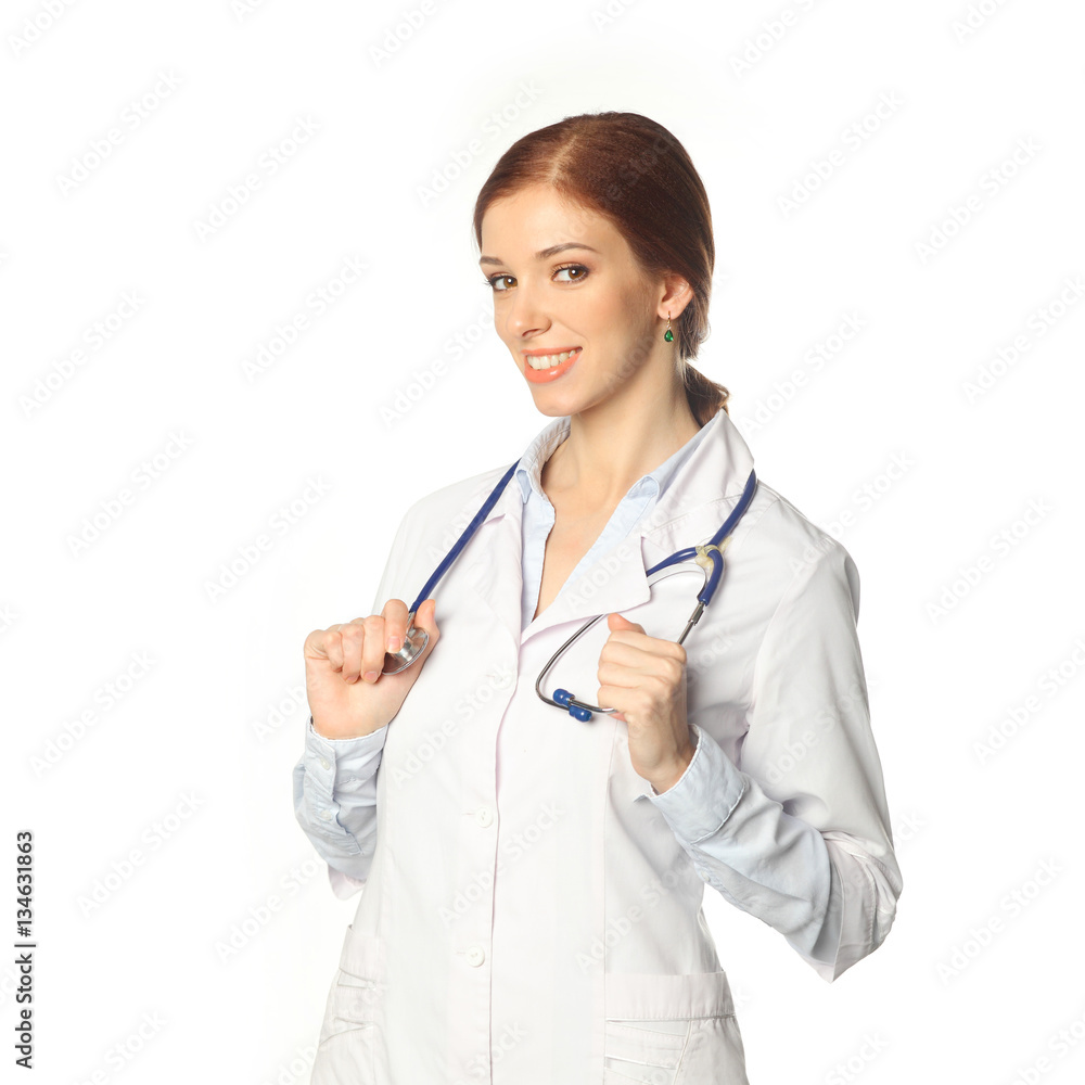Medical physician doctor woman. Portrait of young woman doctor with white coat