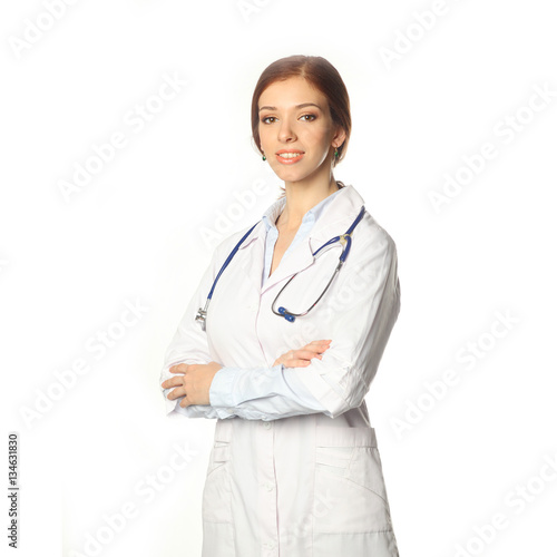 Medical physician doctor woman. Portrait of young woman doctor with white coat