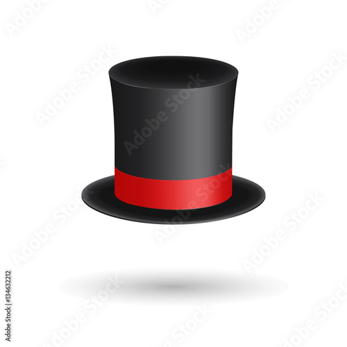 Black gentleman hat cylinder with red ribbon. Elegance and aristocratic symbol. Volumetric icon  shadow. Vector Illustration. EPS10