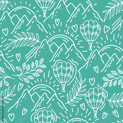 Slika na platnu Seamless hand drawn pattern with a balloon and mountains