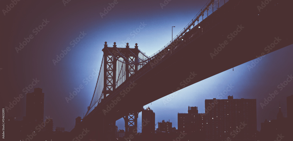 Blue glowing Manhattan bridge duotone concept