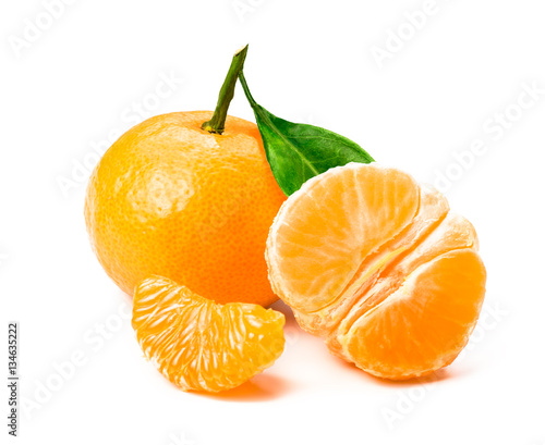 Isolated tangerine or clementine fruit on white background. Macro. Slice of mandarin.