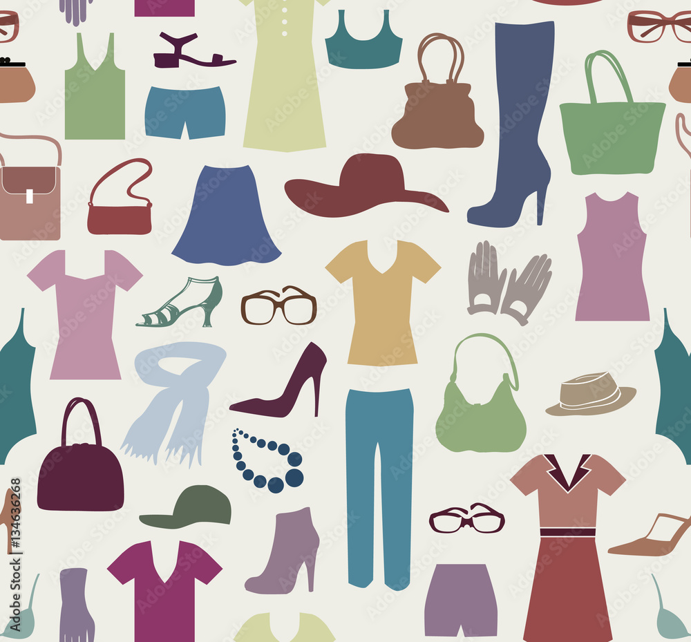 Fashion cloth seamless pattern. Women clothes and accessories. Retail tile dress sale background Fashion cloth seamless pattern. Women clothes and accessories. Retail tile dress sale background