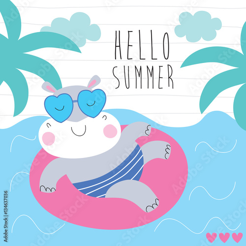 cute hippo having fun on the beach vector illustration