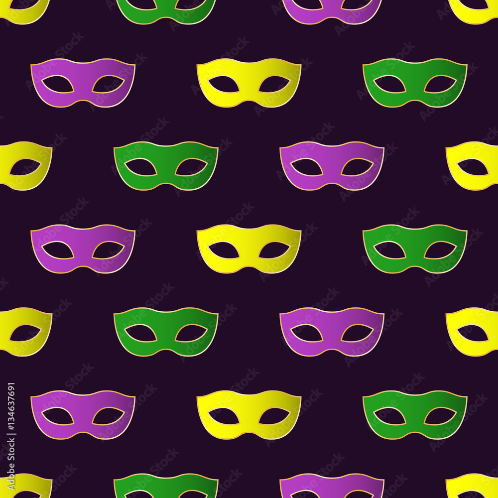 Mardi Gras Carnival seamless pattern with colorful masks. Mardi Gras endless background, texture, wrapper. Vector illustration.