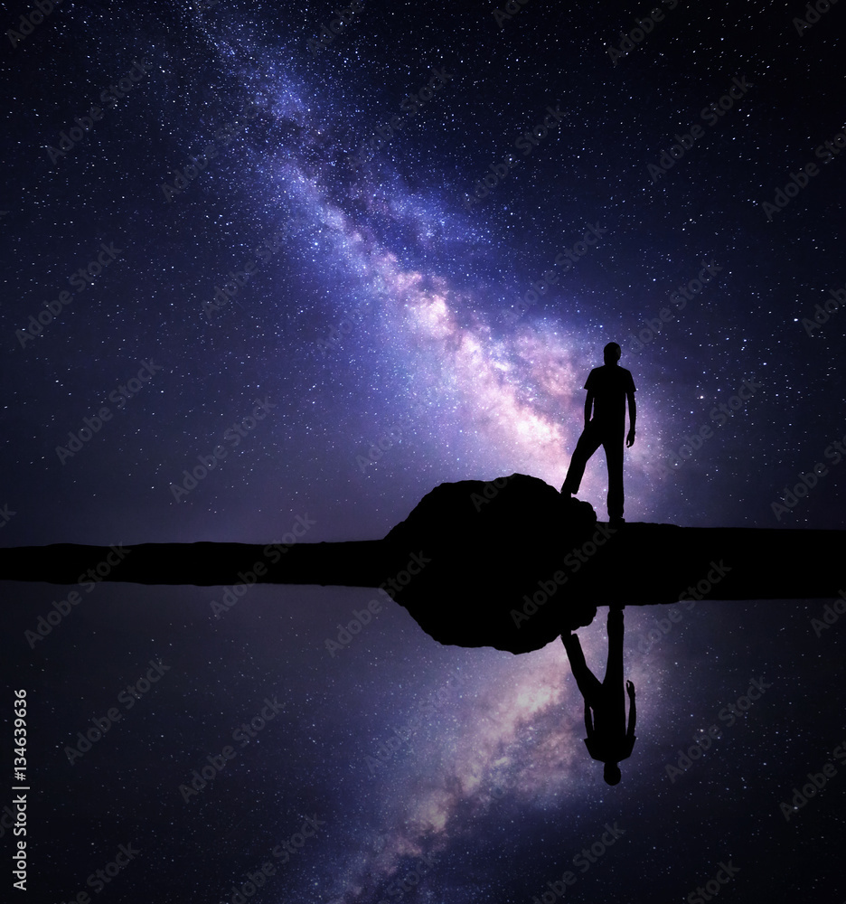 Milky Way. Night starry sky and silhouette of a standing alone man on ...