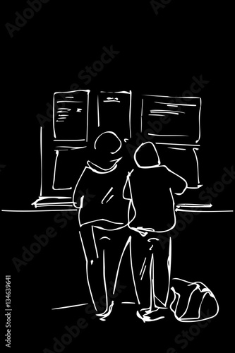 vector sketch of two men at the schedule at the station photo