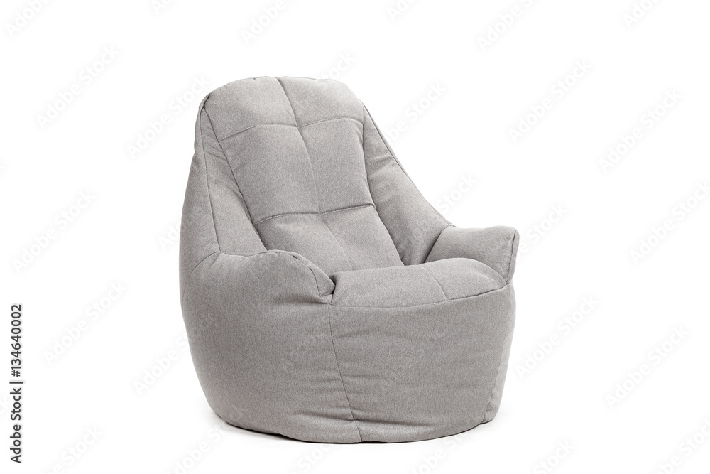 Side view of nice new and soft gray beanbag isolated on white background Side view of nice new and soft gray beanbag isolated on white background