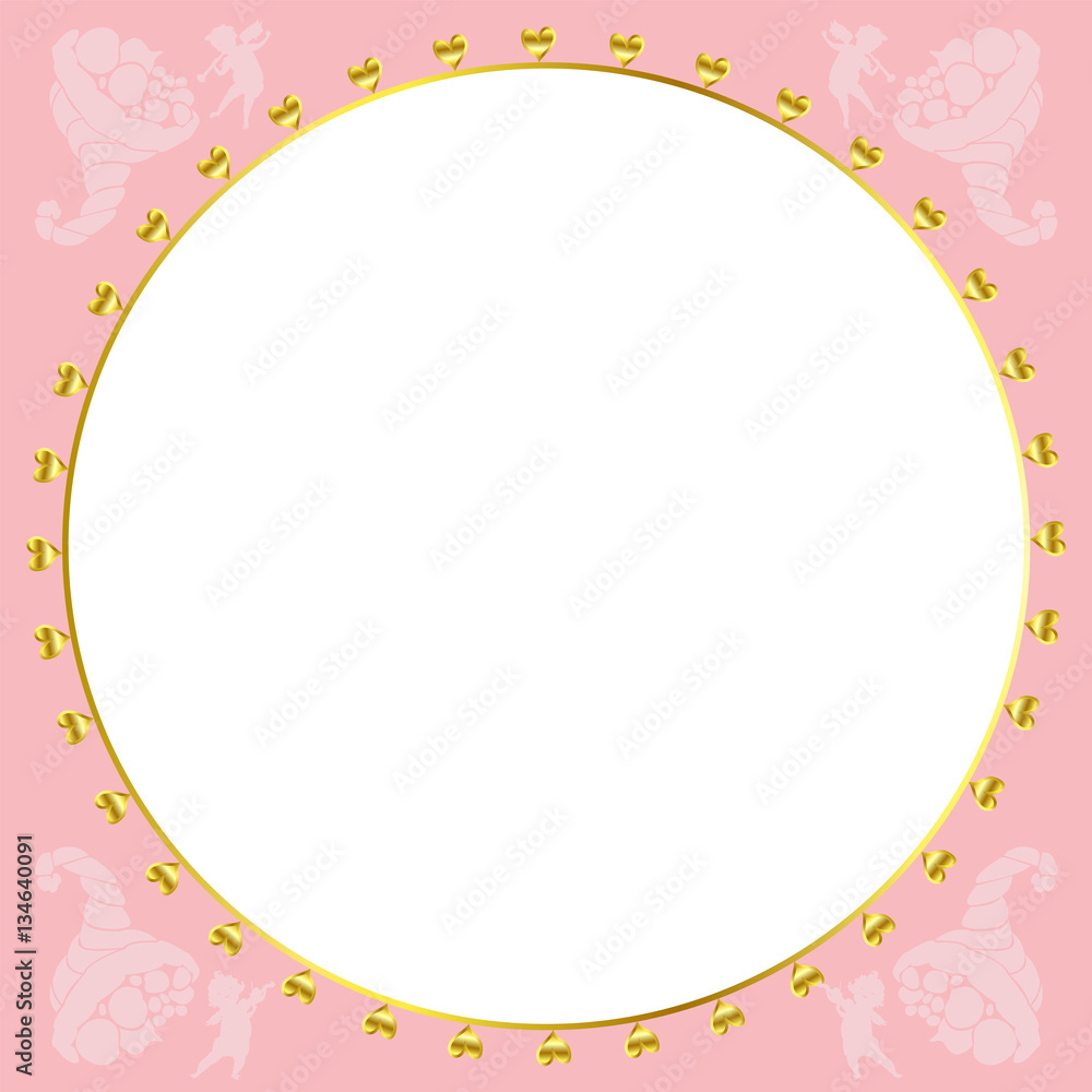 Background frame with angel figures and golden hearts. Cornucopia, horn of plenty. Background frame with angel figures and golden hearts. Cornucopia, horn of plenty.