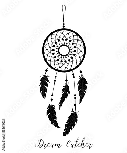 American Indians amulet. Dream catcher with feathers and beads on a white background. Boho style.