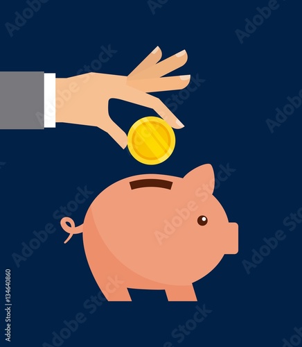 hand with gold coin and piggy moneybox over blue background. colorful design. vector illustration