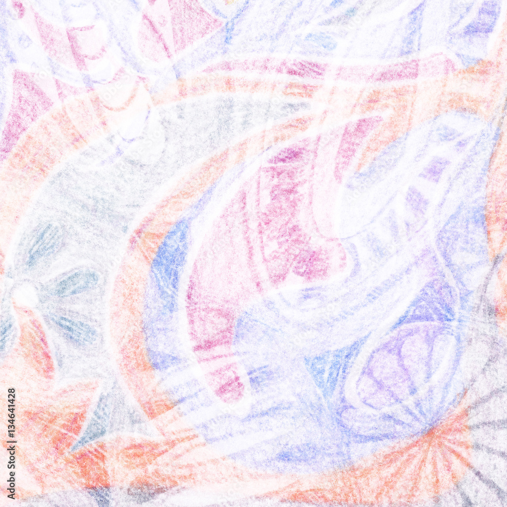 Abstract background with shapes and flowers hand drawn design with color pencils on paper