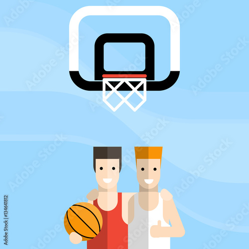 Two cheerful basketball player in the gym. Vector flat illustration.