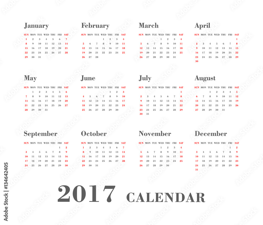 Calendar 2017 On White Background. Week Starts Sunday. Calendar 2017 On White Background. Week Starts Sunday.