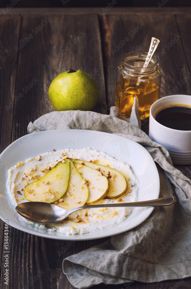 Ricotta cheese with pear,crushed walnuts and honey Ricotta cheese with pear,crushed walnuts and honey