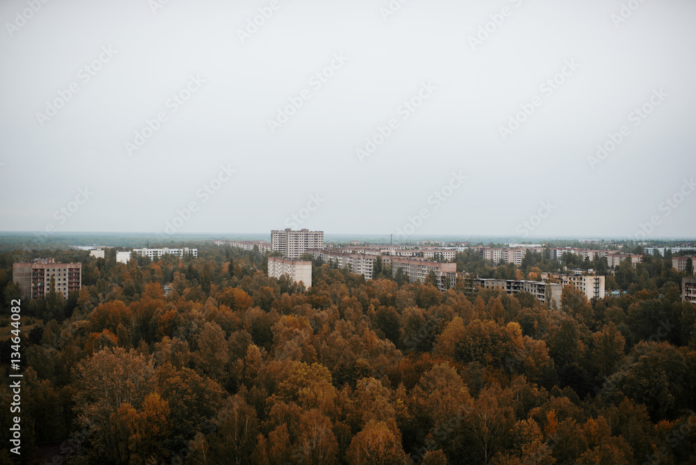 Aerial panorama view of Chernobyl exclusion zone with ruins of a