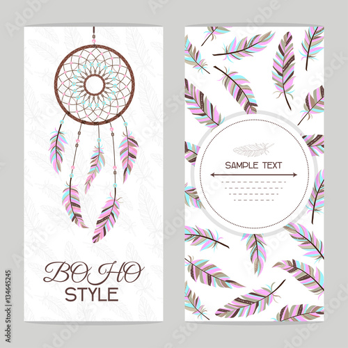 Vintage card. Boho style. Two flyers decorated with feathers and dream catcher with Indian style.
