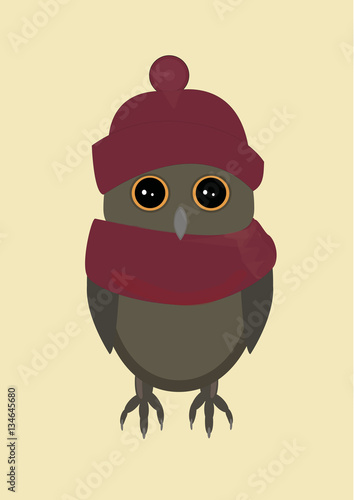 Owl in red hat on yellow background