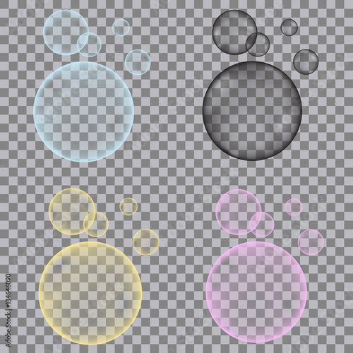  Fizzy blue, yellow, pink, black bubbles on transparent backgro