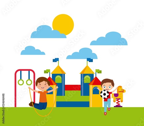 Fototapeta Naklejka Na Ścianę i Meble -  happy kids playing on the playground. colorful design. vector illustration